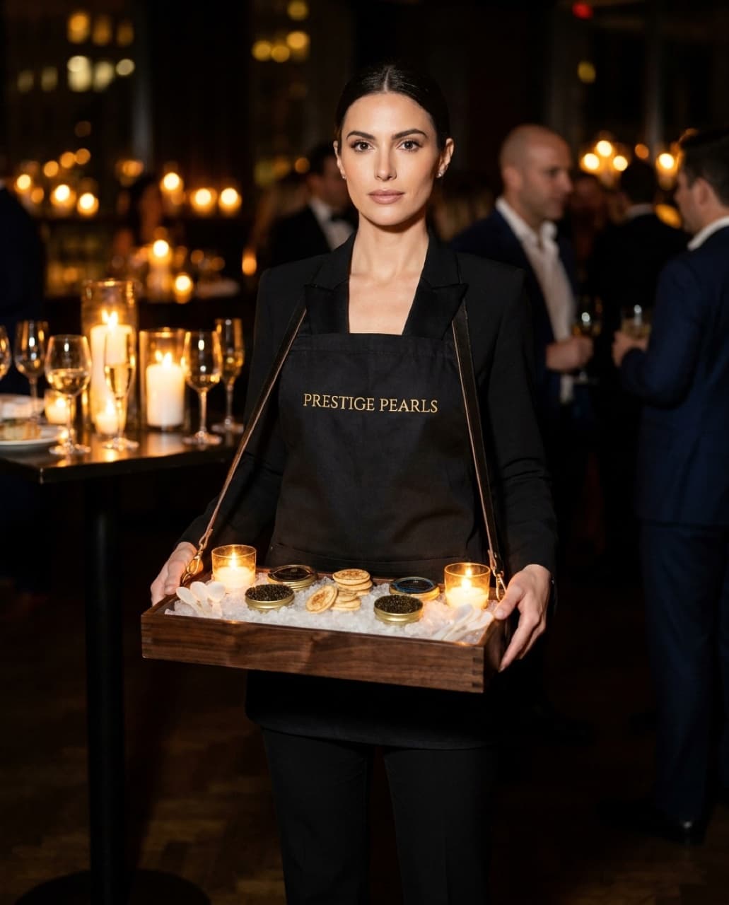 A Prestige Pearls Caviar Girl at an event