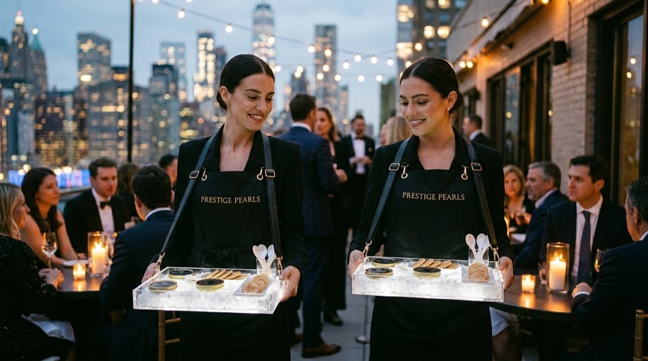 Prestige Pearls Caviar Girls at a rooftop event
