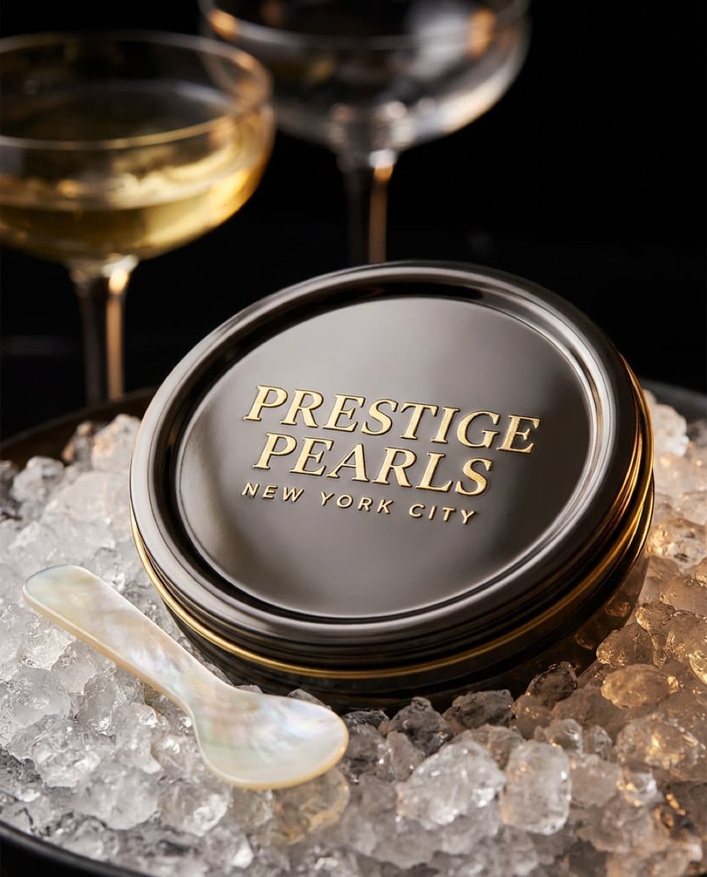 Prestige Pearls branded caviar tin on ice